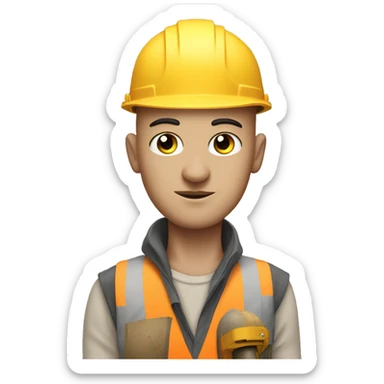 Pale man, thick black eyebrows, bald head, with a cat, dressed as a construction worker sticker