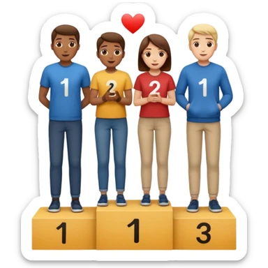 show people on podium in first, second and third place. The podium should be labeled 2, 1, 3. The middle position should only have the number 1.  the people should be dressed causally in regular relaxed clothes

 sticker