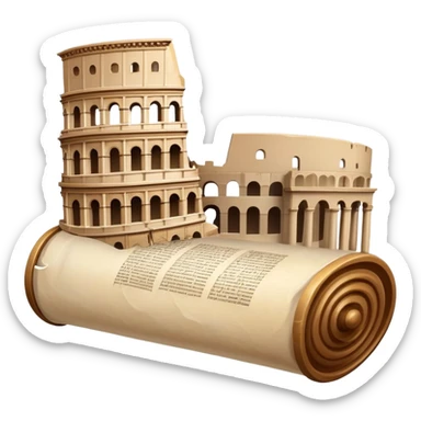 An icon featuring an ancient scroll, surrounded by famous historical landmarks and statues of notable figures, like the Colosseum or Napoleon. The design symbolizes the exploration of history through monuments and people. Transparent background highlights the pas sticker