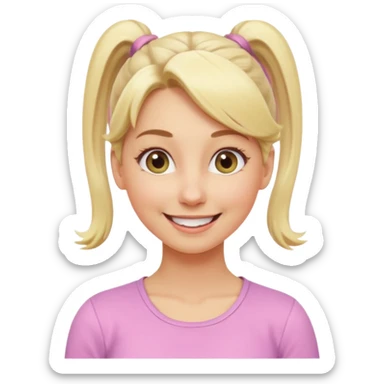 A playful blonde female mature realistic character with wide, mischievous eyes, smiling, ponytail, dynamic pose suggesting movement, pastel colors, minimalistic and cute emoji style. sticker