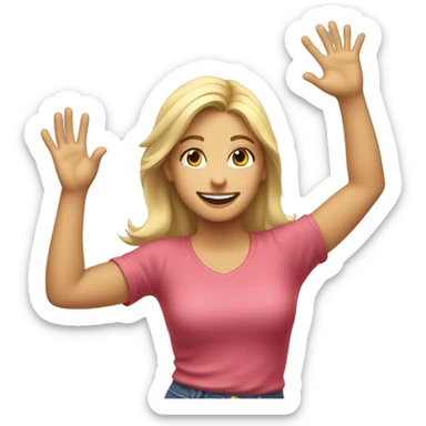 Blonde girl with hands high up in the air, open palms hand, happy, excited. Above waist only. sticker