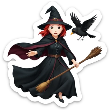 witch with red hair flying , on the background - full moon and black birds, должна лететь на метле sticker