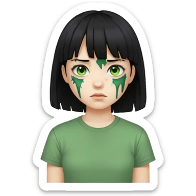 Garota de cabelo preto com franja com a pele verde e ferimentos expostos na cara, usa uma camiseta branca rasgada e suja de poeira  sticker