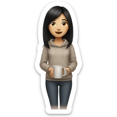 Brunette girl, black straight hair, cozy with tea sticker