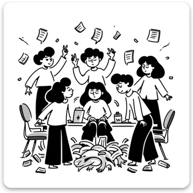 Messy group of confused teammates with mixed expressions and chaos sticker