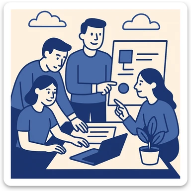 team building, people collaborating on a project, modern office setting, flat blue illustration sticker