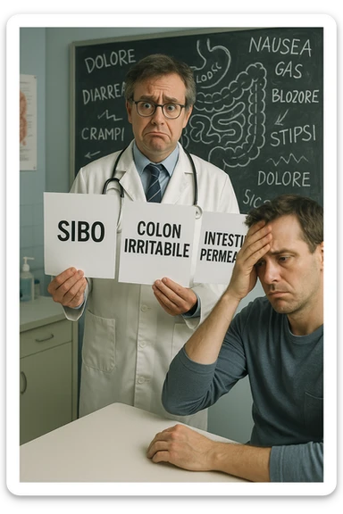 Scena clinica con un medico confuso in camice bianco davanti a un paziente seduto. Il medico ha tre fogli in mano, e li mostra uno alla volta con espressione incerta: il primo dice 'SIBO', il secondo 'Colon Irritabile', il terzo 'Intestino Permeabile'. Il paziente ha un’espressione confusa e scoraggiata, con una mano sulla fronte. Sullo sfondo una lavagna caotica con disegni di intestino e sintomi ovunque. Stile realistico con tocchi ironici, toni freddi da ambulatorio ma con un messaggio visivo forte di incertezza diagnostica. in italiano sticker