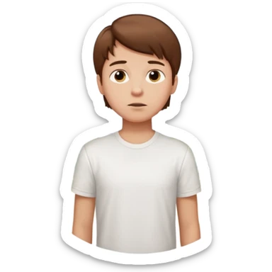 a boy with brown hair in white T-shirt thinking about a park sticker