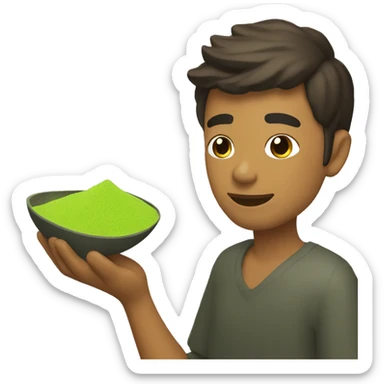 Create gold men who is holding matcha powder in his hand sticker