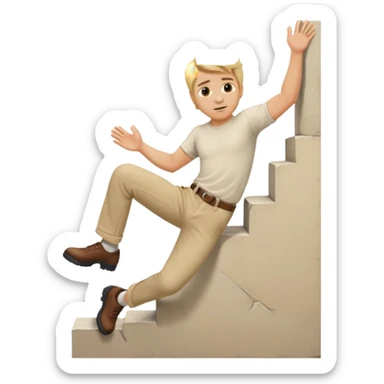 Stuntman with blonde hair wearing beige trousers and cream shirt scaling a wall sticker