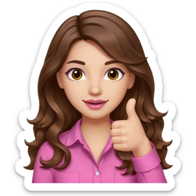 girl with long wavy brown hair, brown eyes, light to medium complexion, in a pink shirt, pink lips, long lashes, thumbs up sticker