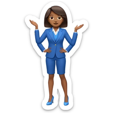 black woman in a blue smart suit and shoes, standing with hands by her side, looking to the right, emoji style sticker