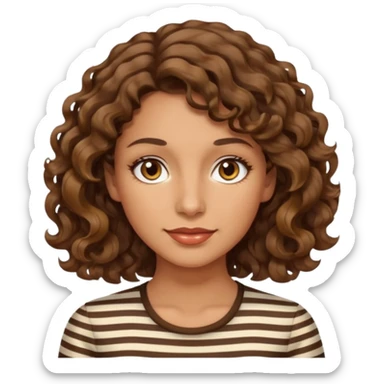 woman, 40s, chin-length wavy/curly brown-ish, few white stripes hair, hazel eyes sticker