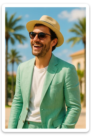 man in a mint green linen suit, sunglasses, straw hat, cheerful and summery sticker