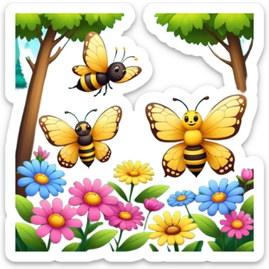 butterfly and bee flying near flowers in a forest, cheerful expressions sticker