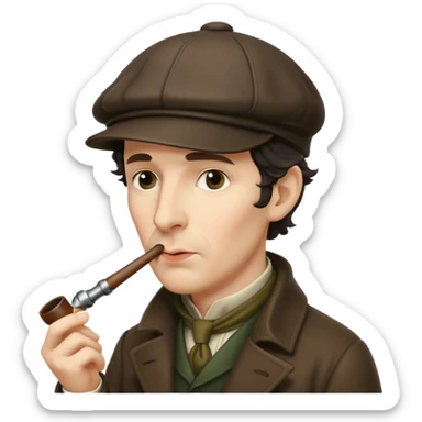 A side view of Sherlock Holmes wearing a deerstalker hat with a curved meershaum pipe held to his lips sticker