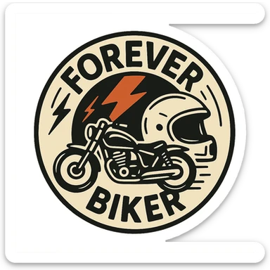circular transparent background design for motorcycle cap, text 'FOREVER BIKER', motif: lightning, motorcycle, helmet, dynamic style sticker