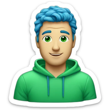 a man, green eyes, blue sweatshirt, green rubies on his head, waves hello sticker