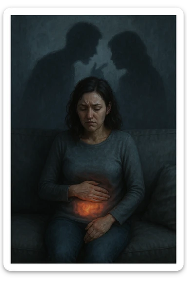 Donna sui 30 anni seduta su un divano, con una mano sull’addome e un'espressione visibilmente provata e triste. Intorno a lei, l’atmosfera è opaca e pesante, con toni freddi. Un’ombra simbolica dietro di lei rappresenta un evento stressante recente (es. un litigio o una perdita). Sul corpo, un lieve bagliore localizzato nella zona intestinale, a simboleggiare il dolore e l'infiammazione. Ambiente domestico, luci basse, emozione visibile. Stile realistico o metaforico con elementi emozionali e viscerali. sticker