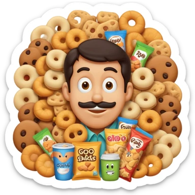 goofy, overstuffed character surrounded by too many snacks, playful and whimsical sticker