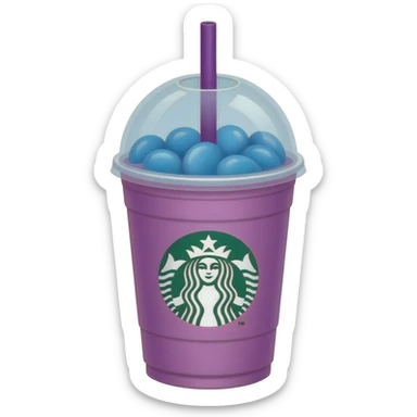 Starbucks with baby blue apple-flavored jelly beans and purple liquid, served in a purple cup that's almost baby pink with burnt yellow and a greenish-black tint, and a purple straw. sticker