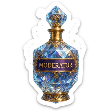very luxurious crystal elixir bottle with the inscription 'Moderator', lots of shining, facets, ornaments, golden details, magical effects, very small golden neck, transparent background, beautiful seamless bottom, bottle clearly floating in the air without base or shadow, premium class, modern, matching the collection sticker