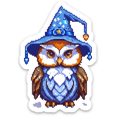 owl with a blue wizard hat and stars sticker