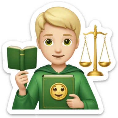 simple emoji-style face with happy or neutral expression holding a green book and a gold justice scale, shield in the background sticker