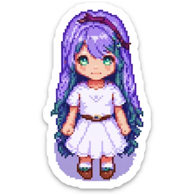 a girl with purple hair, pixel art style sticker