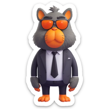 large furry cartoon creature with big orange nose, wearing sunglasses and black tie, standing upright, looking slightly to the left, grumpy expression, centered full body, plain blue background, 3D rendering style, smooth textures, bright lighting, humorous and playful mood sticker