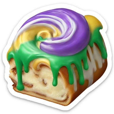 Realistic slice of cinnamon roll king cake with green,yellow,and purple icing. sticker