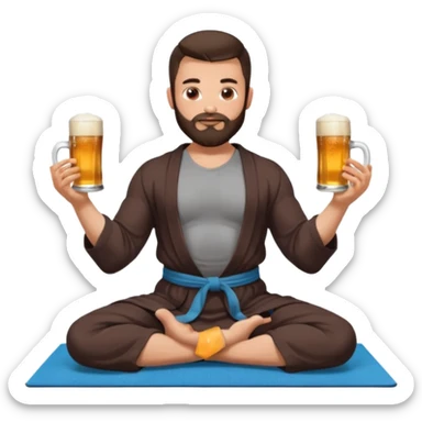 slavic muscled guy with dark brown hair and beard, sitting in yoga pose on a mat, dark colors robe, long and volume dark hair, holding beer mugs in two hands, sitting sticker