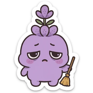 kawaii chibi style chubby lavender flower character, lavender color, droopy eyes, tired face, holding a tiny broom, full-body sticker