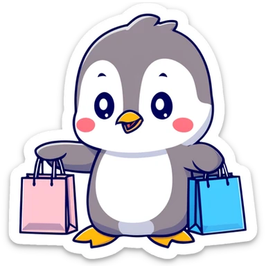 kawaii baby penguin at a shopping mall with shopping bags sticker