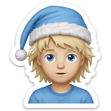 create boy blonde hair long messy, light eyes, white t shirt, rich, long hair, eyes blue, acessory head cristimas blue hat, long hair, fluffy hair sticker