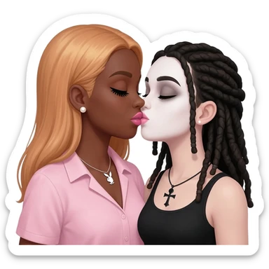 Bimbo, pearl earrings stud, Light pink cute lips, long middle part with long light ginger hair, dark brown skin, playboy necklace with lashes, light pink shirt, kissing the goth black girl, ankh necklace with dreadlocks with white paint on face sticker