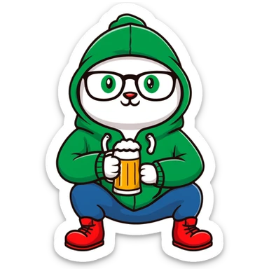 Catfish wearing a red hooded winter jacket, round glasses, blue jeans, red boots, holding a beer can with red label sticker