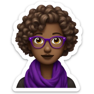 Emoji girl with curly brown hair, neon heart glasses, dark purple pashmina ￼over head sticker