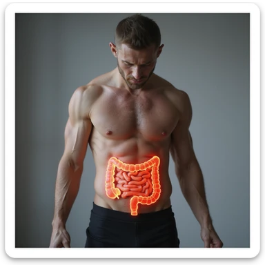 realistic man in sportswear, body showing signs of inflammation: swollen abdomen, reddened skin, intestine highlighted with red areas, atmosphere of discomfort, neutral background, 4K quality sticker