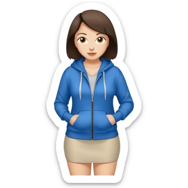 Pretty, sexy, slightly curvy white woman with short dark brown hair, wearing only a tight, front zippered hoodie and a miniskirt  sticker