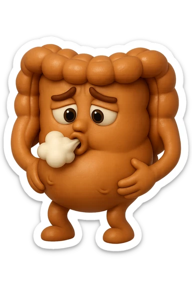 emoji stile iphone di un intestino che ingoia una nuvoletta di aria ben visibile e gli si gonfia la pancia, iperrealistico 4k sticker