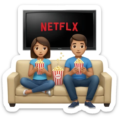 Crea un emoji dove si vedono un uomo e una donna mangiano i pop corn su un divano e guardano la televisione, nella televisione ci deve essere scritto netflix sticker