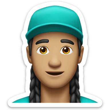 Generate an emoji of a man wearing a turquoise cap with long black hair. sticker