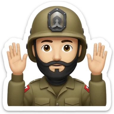 
surrenders, depicts an Iraqi soldier from 1980, with a beard, in a helmet, there are no signs on the helmet, with a balaclava, with sad eyes and raised hands sticker