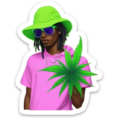Hemp leaves Multicoloured neon person smoking wearing hoodie dancing hip hop bucket hat tropical Skater fashion aesthetic baggy clothes graphic t shirt 420 sticker