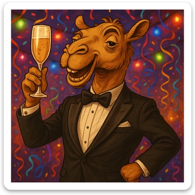 Add a lively party background with streamers and colorful lights, keeping the camel in a tuxedo holding a champagne glass as the focus. sticker