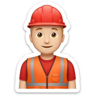 simple, friendly emoji character with a round head, soft smile, and red vest, evoking a hardware store employee, flat vector emoji style, no text, no brand marks, front-facing sticker