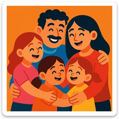 a colorful cartoon style family with dad, mom, and three daughters, all hugging sticker