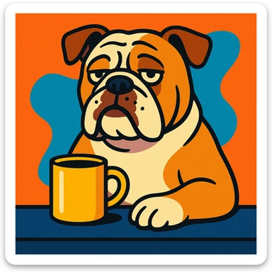 English Bulldog with a coffee mug, looking relaxed and waiting, vibrant cartoon style sticker
