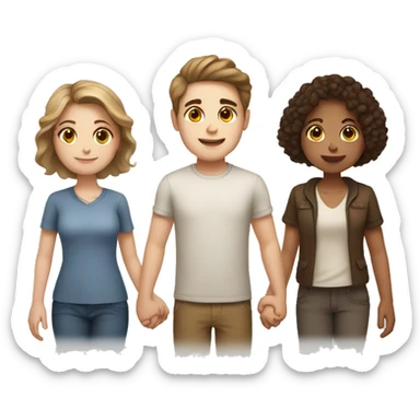 two girls and one guy holding hands white skin, brown eyes, brown hair sticker